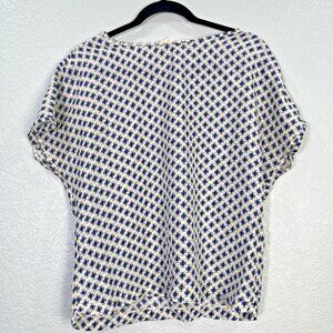 Niu Silk Blouse Womens S White Blue Geo Print Cap Sleeve Boatneck Career‎ Office